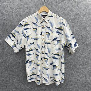 Keeler Bay Men's Button Up Shirt Casual Relaxed, White Swordfish Pattern, Size L